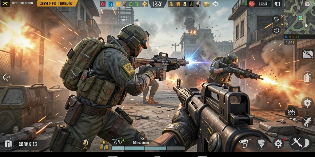 Screenshot gameplay 33ZK dengan aksi tembak-menembak yang mendebarkan.