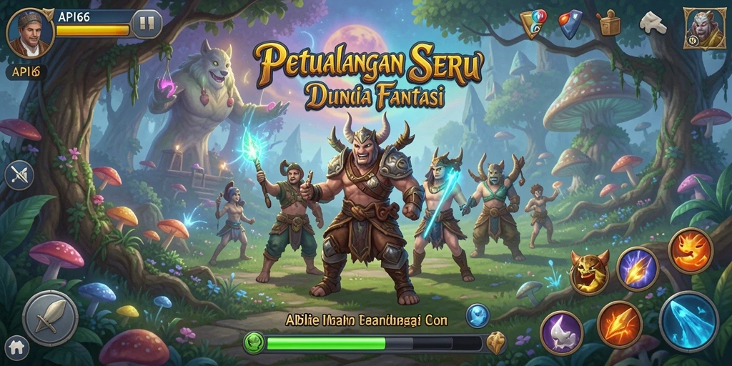Screenshot menunjukkan pemain menjelajahi dunia fantasi dalam Gameplay API66.