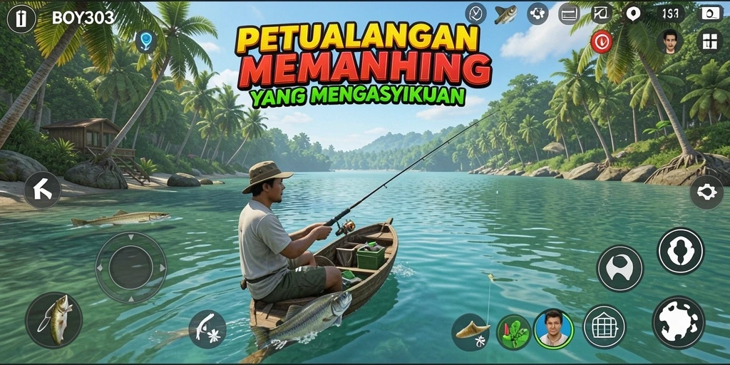 Screenshot gameplay BOY303 yang menunjukkan aksi memancing secara mendetail.