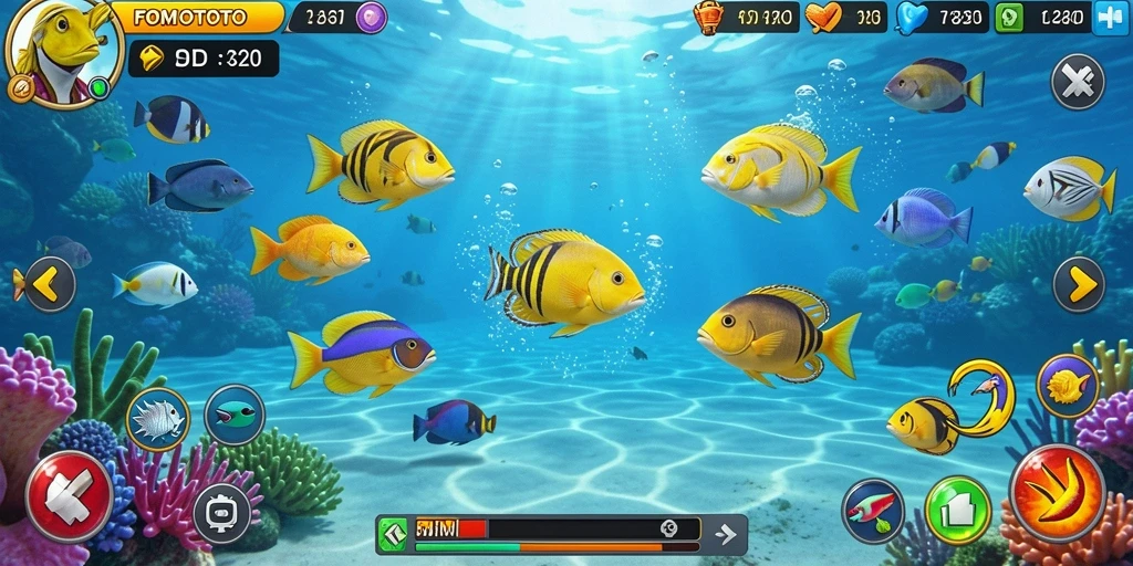 Tampilan gameplay seru FOMOTOTO dengan ikan yang beragam.