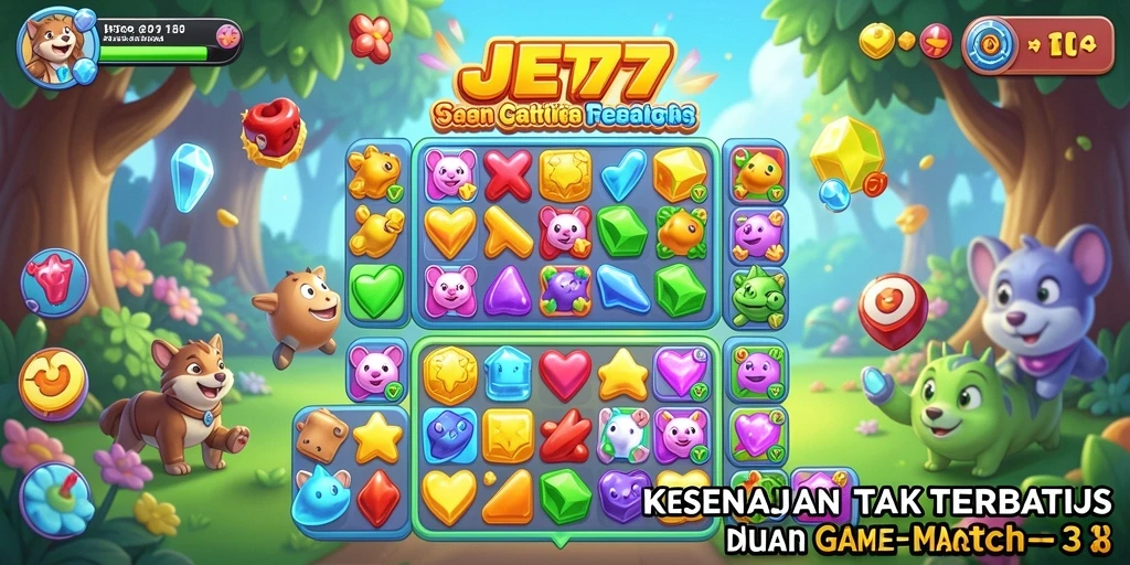Screenshot JET77 menampilkan gameplay Match-3 yang seru dan penuh warna.