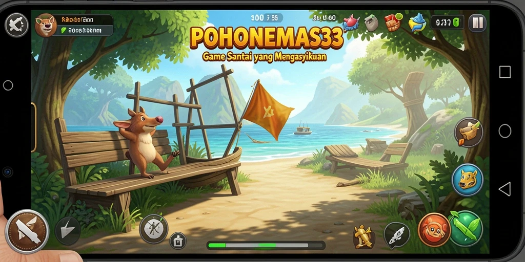 Screenshot gameplay dari POHONEMAS33 menampilkan aksi seru dan karakter lucu.