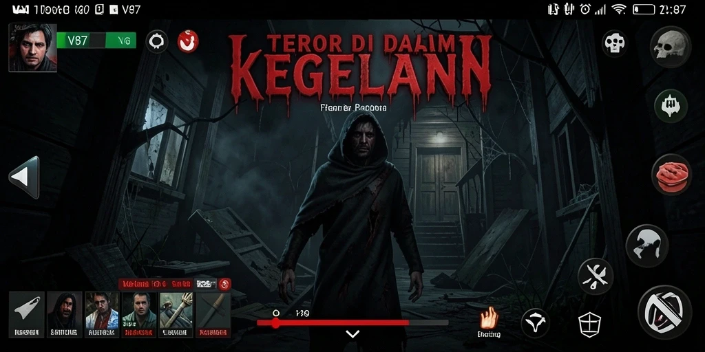 Tangkapan layar gameplay V87 menampilkan momen mencekam dalam kegelapan.